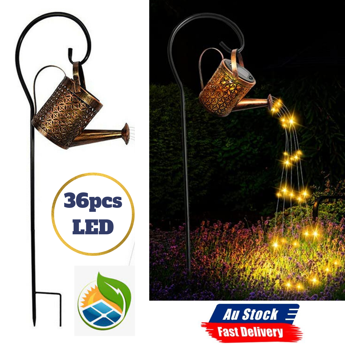 LED Solar Watering Can String Light Shower Outdoor Garden Art Tree Decor Lamp