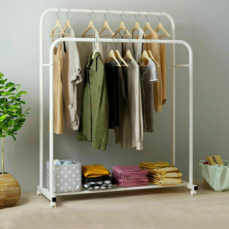 Double Rails Clothing Rack Rolling Bedroom Clothes Garment Coat Hang on Wheels