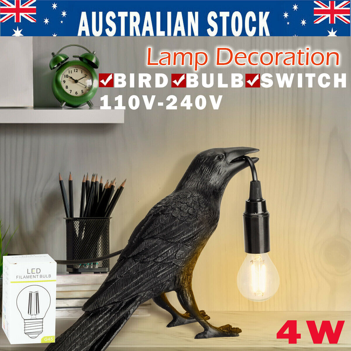 Art Home Table Light Resin Bird Crow Model Desk Lamp Animal Style Retro Decorate