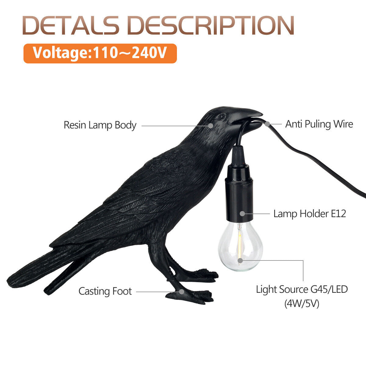 Art Home Table Light Resin Bird Crow Model Desk Lamp Animal Style Retro Decorate