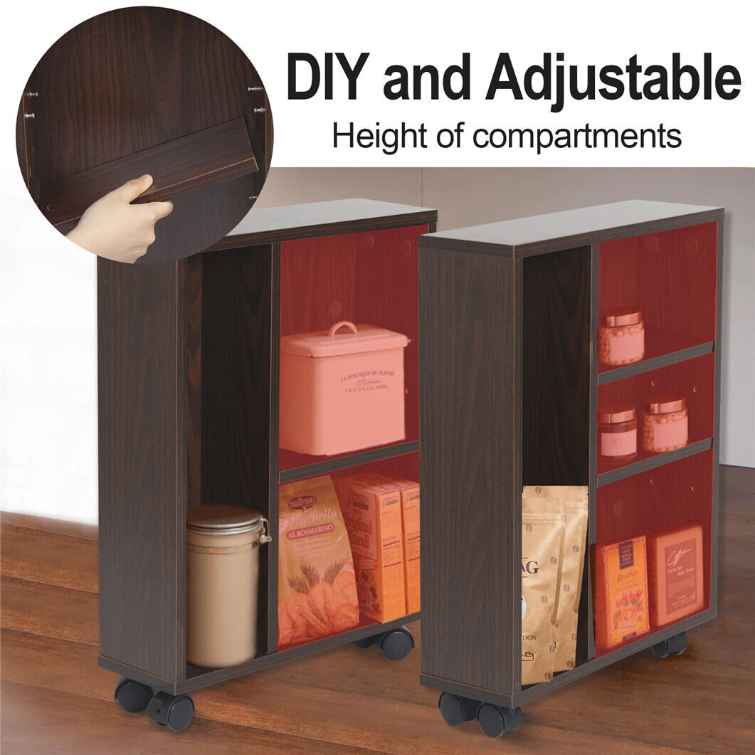 Adjustable Tier Narrow Solid Wood Rolling Cabinet Storage Cart Kitchen Bathroom