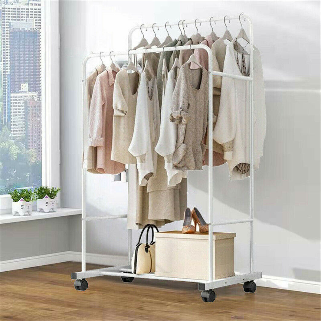 Double Rails Clothing Rack Rolling Bedroom Clothes Garment Coat Hang on Wheels