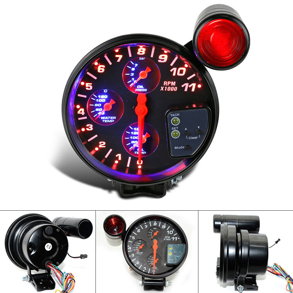 5" 4-in-1 LED RPM Tachometer Oil Water Temp Pressure Gauge + Shift Light 7 Color