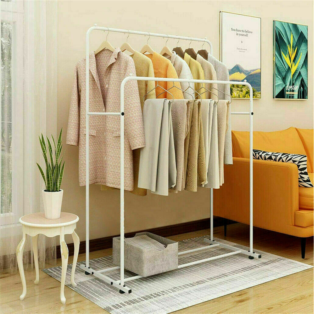 Double Rails Clothing Rack Rolling Bedroom Clothes Garment Coat Hang on Wheels