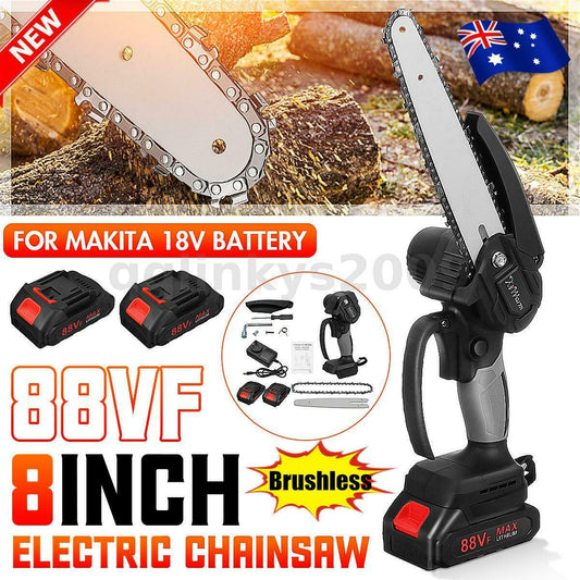 BRUSHLESS 8'' 3000W MINI ELECTRIC CHAINSAW CORDLESS WOOD CUTTER TOOL +2X BATTERY