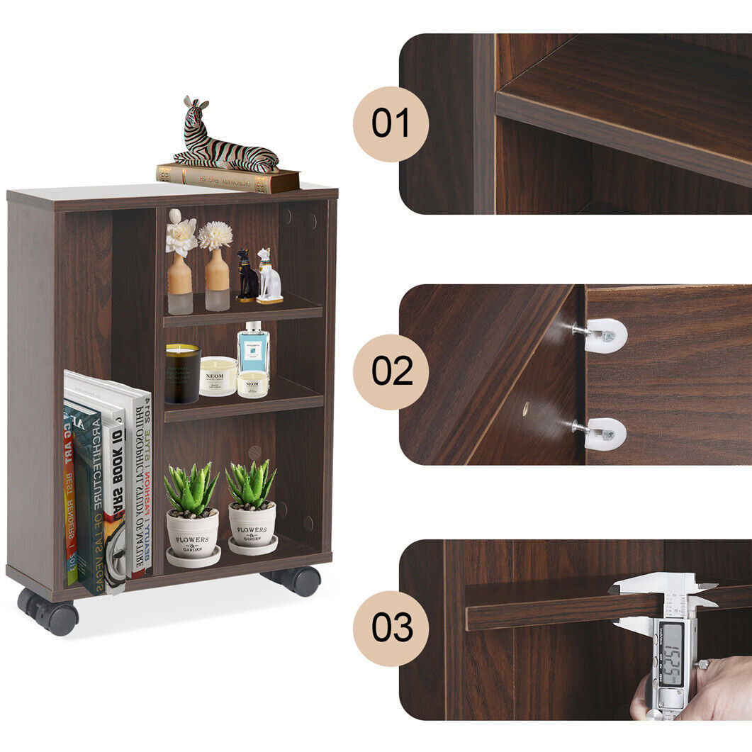 Adjustable Tier Narrow Solid Wood Rolling Cabinet Storage Cart Kitchen Bathroom