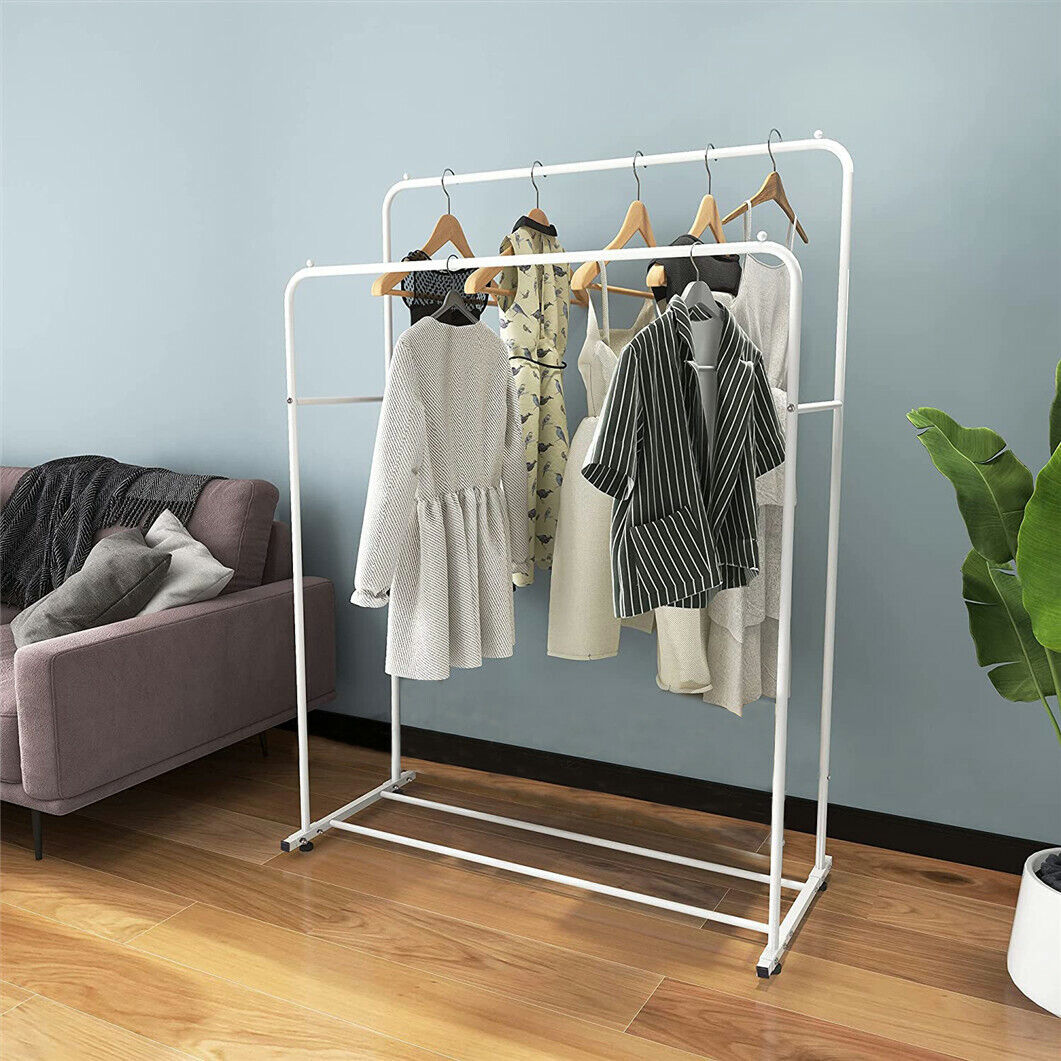 Double Rails Clothing Rack Rolling Bedroom Clothes Garment Coat Hang on Wheels