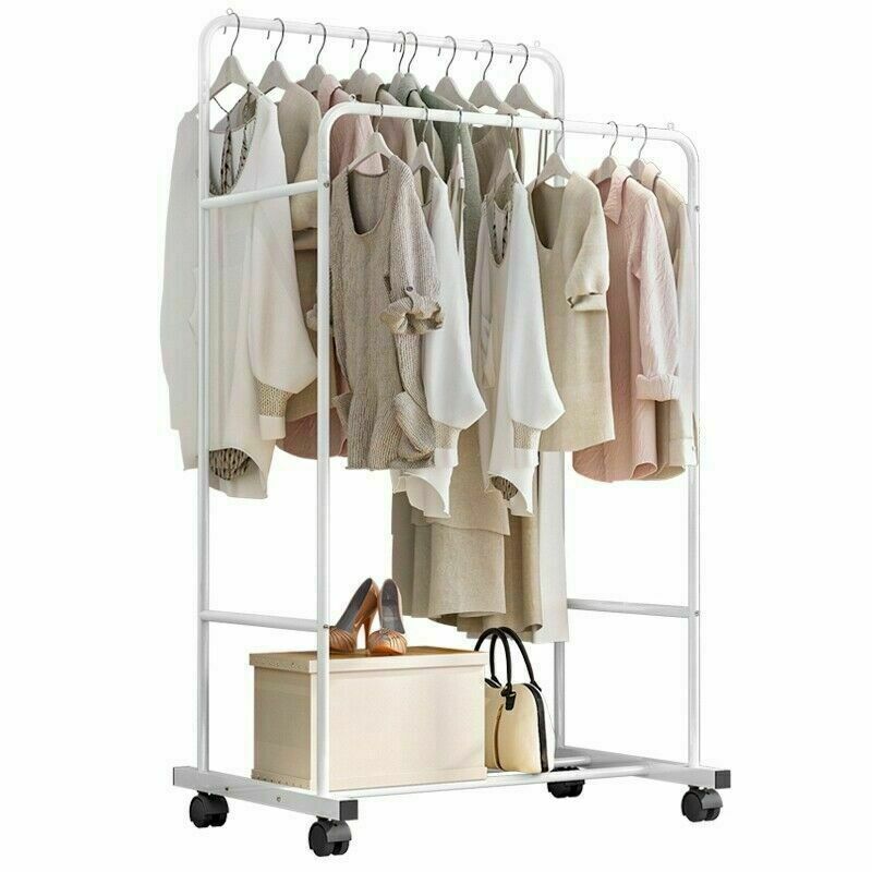 Double Rails Clothing Rack Rolling Bedroom Clothes Garment Coat Hang on Wheels