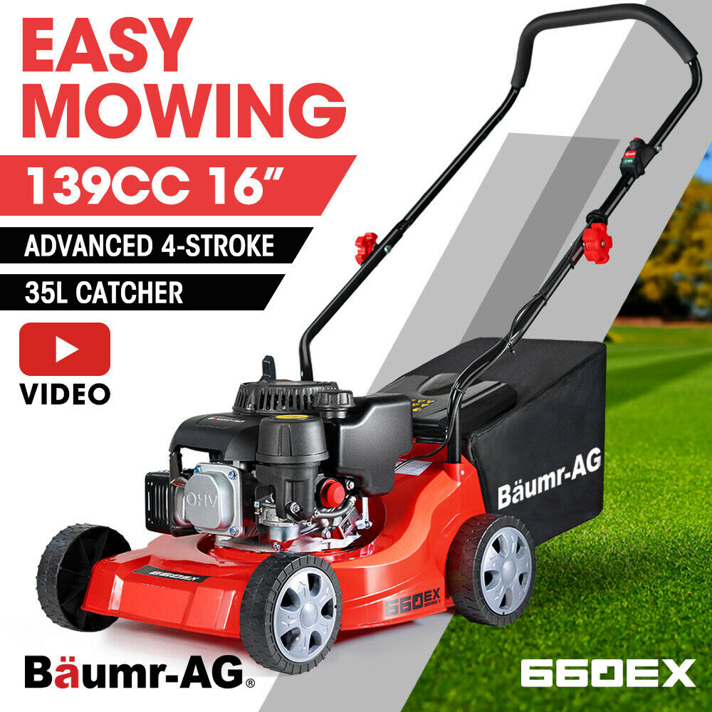 Baumr-AG Lawn Mower 16" Petrol Powered Hand Push Engine Lawnmower Catch 4 Stroke