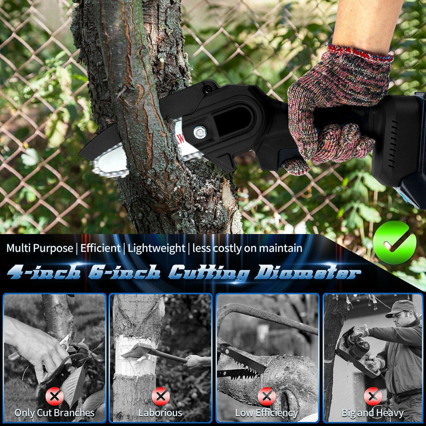 6+4“ Rechargeable Electric Mini Cordless Chainsaw 2X Battery Powered Wood Cutter