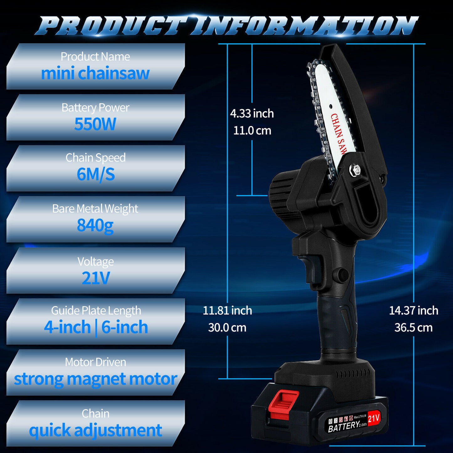 6+4“ Rechargeable Electric Mini Cordless Chainsaw 2X Battery Powered Wood Cutter