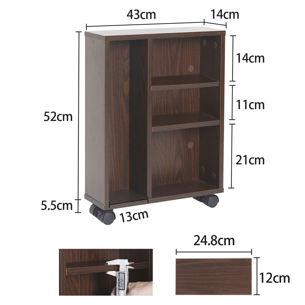 Adjustable Tier Narrow Solid Wood Rolling Cabinet Storage Cart Kitchen Bathroom