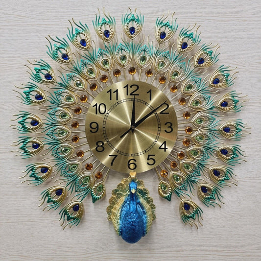 60cm 3D Peacock Wall Clock Large with Acrylic Crystals Luxury Home Decore