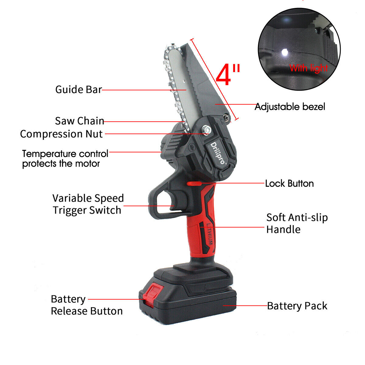 4" Mini Cordless Electric Chainsaw 1x Battery Powered Rechargeable Wood Saw