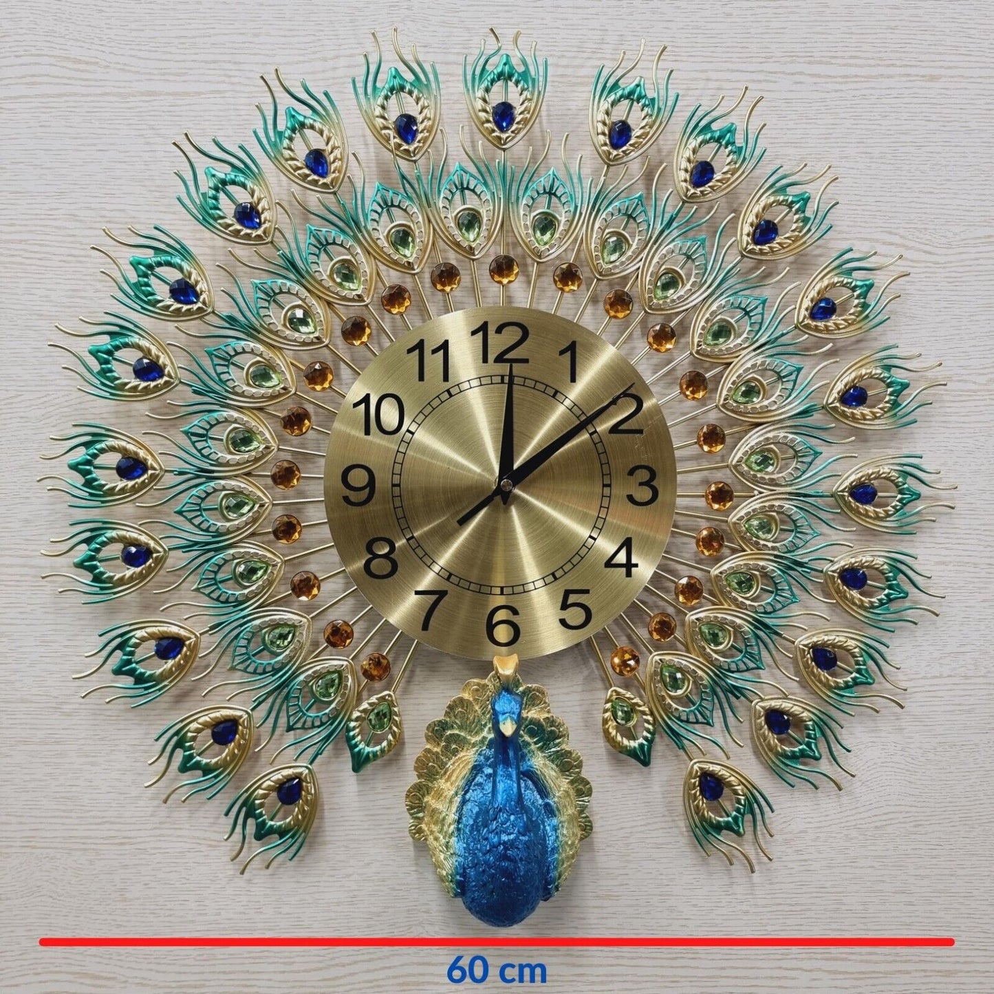 60cm 3D Peacock Wall Clock Large with Acrylic Crystals Luxury Home Decore