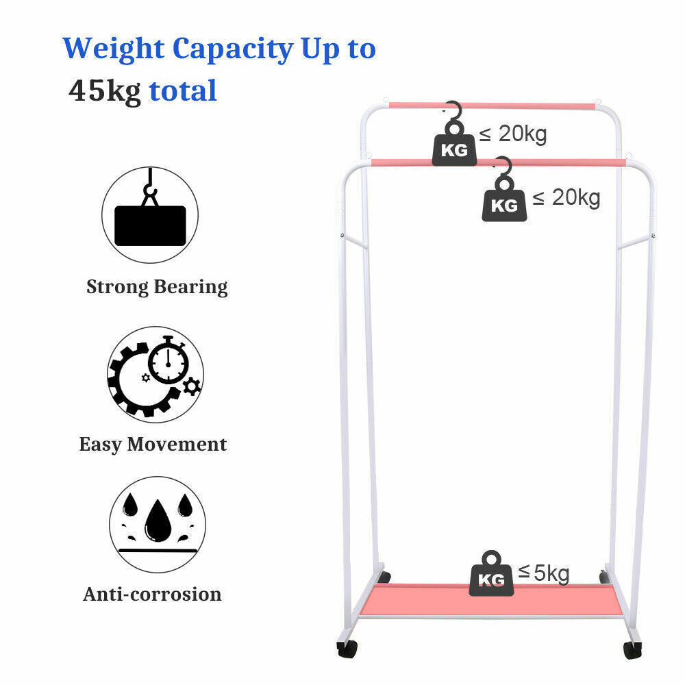 Double Rails Clothing Rack Rolling Bedroom Clothes Garment Coat Hang on Wheels