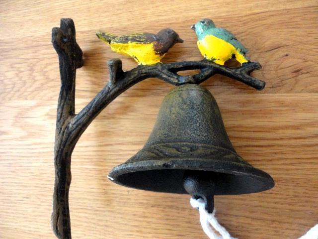 Vintage Cast Iron Hand Painted Bird On Twig Door Garden Bell