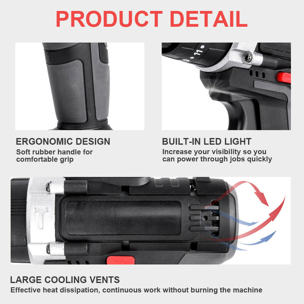 21V CORDLESS DRILL +2 BATTERY HEAVY DUTY IMPACT DRIVER KIT BRUSHLESS HAMMER KIT