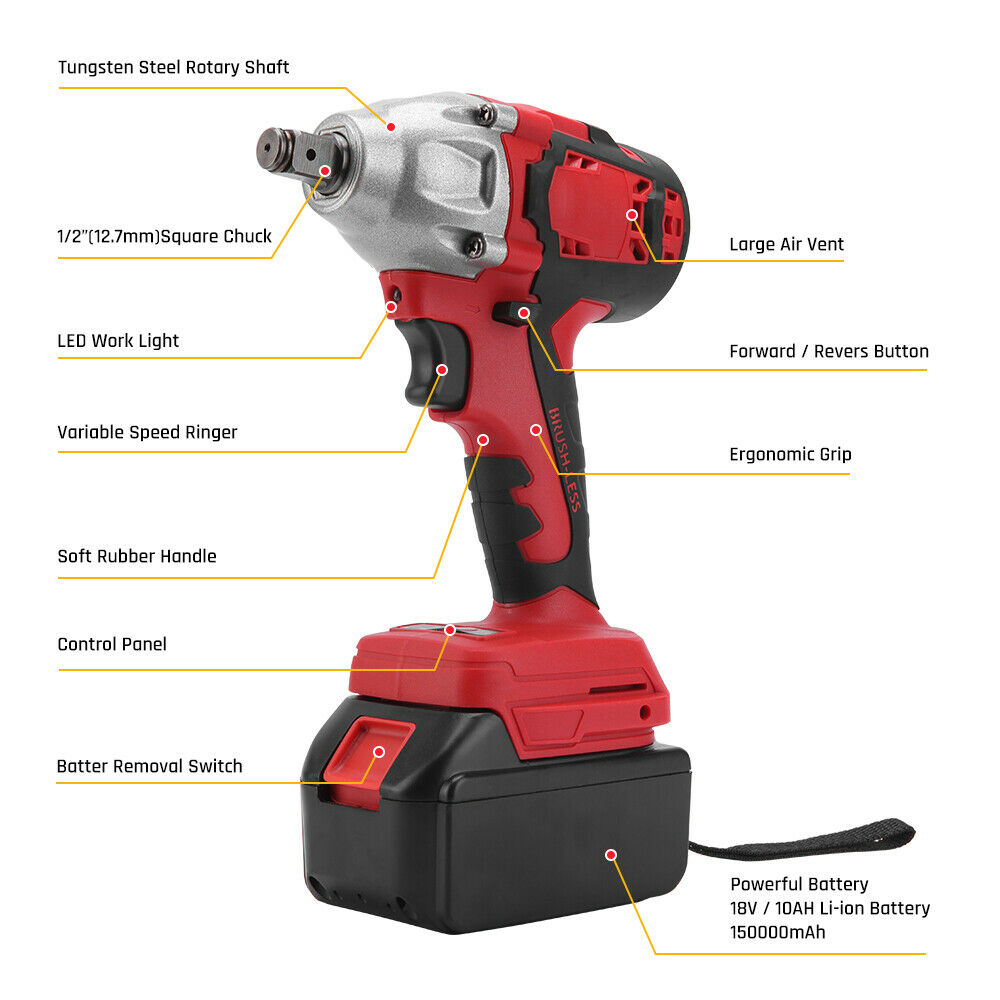 520Nm 1/2" Impact Wrench Driver Cordless Electric 18V Li-Ion Battery Rattle Gun