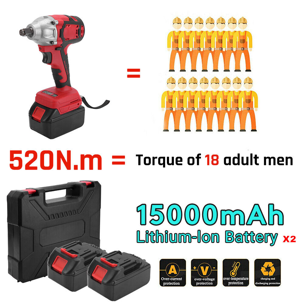 520Nm 1/2" Impact Wrench Driver Cordless Electric 18V Li-Ion Battery Rattle Gun