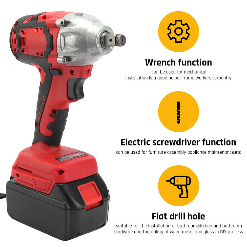 520Nm 1/2" Impact Wrench Driver Cordless Electric 18V Li-Ion Battery Rattle Gun