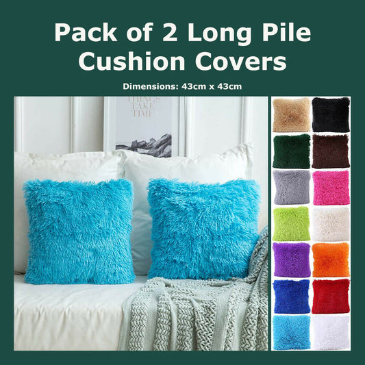 Pack of 2 Long Pile Soft Shaggy Faux Fur Cushion Covers Plain Fluffy Pillow Case