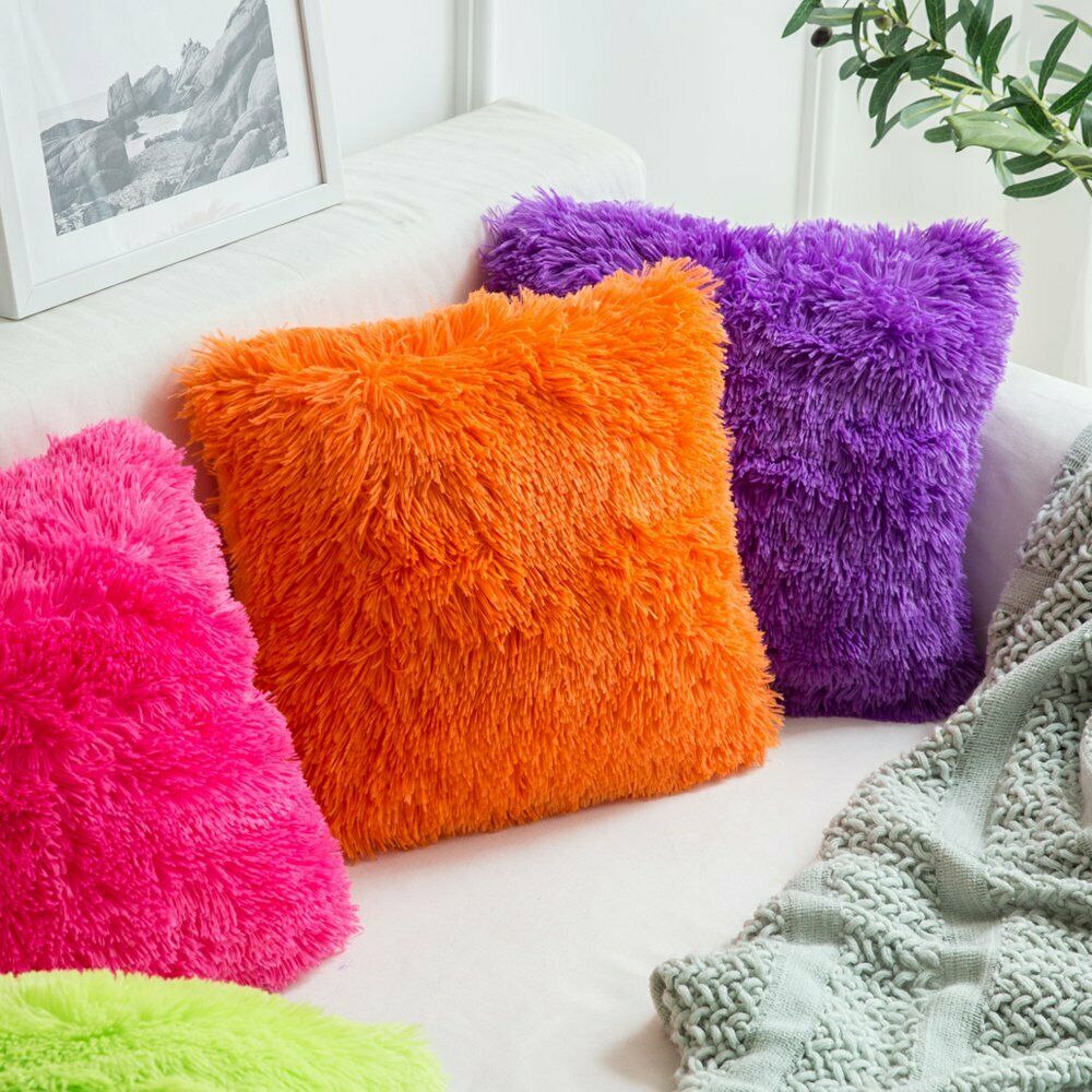 Pack of 2 Long Pile Soft Shaggy Faux Fur Cushion Covers Plain Fluffy Pillow Case