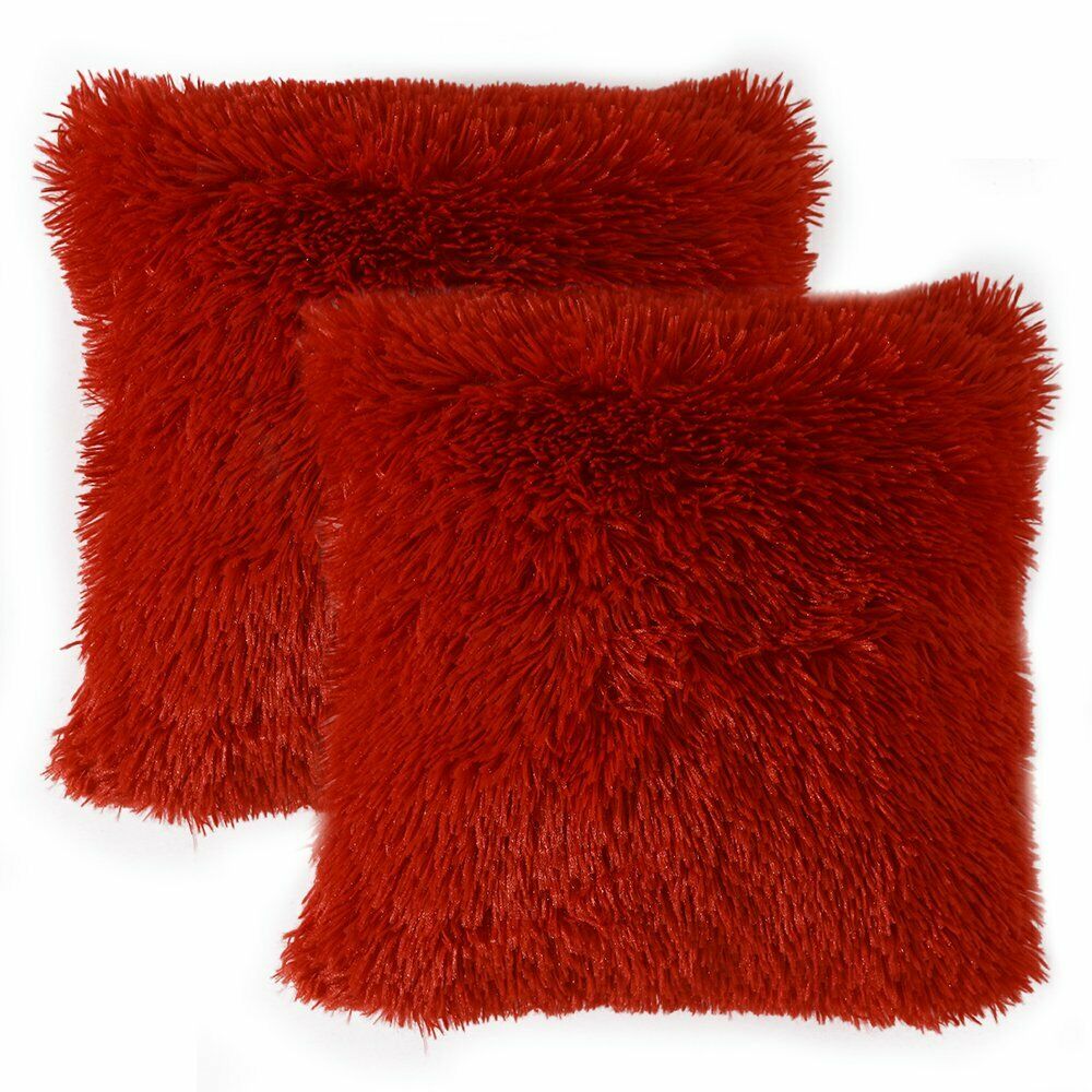 Pack of 2 Long Pile Soft Shaggy Faux Fur Cushion Covers Plain Fluffy Pillow Case