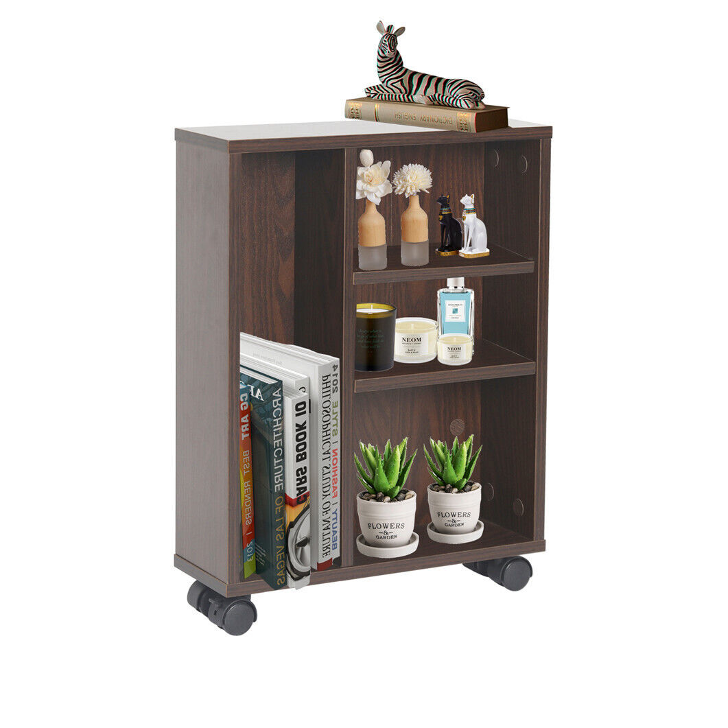 Adjustable Tier Narrow Solid Wood Rolling Cabinet Storage Cart Kitchen Bathroom