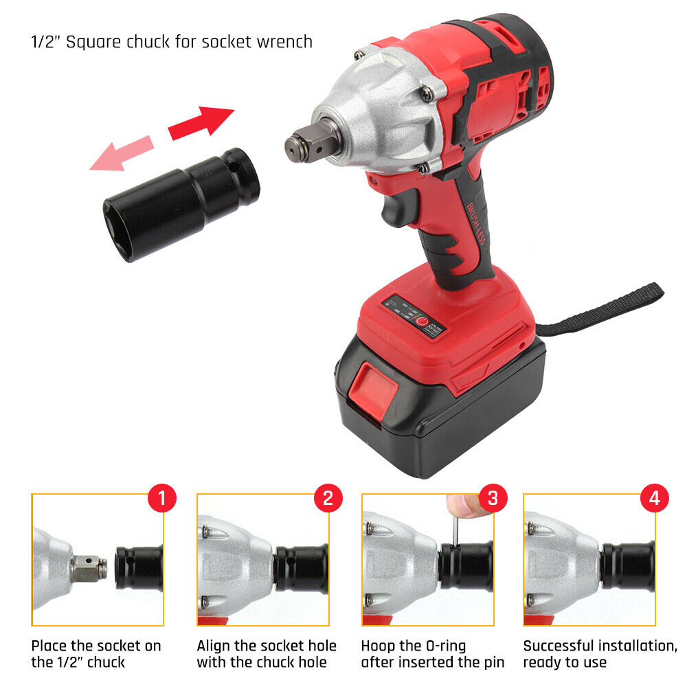 520Nm 1/2" Impact Wrench Driver Cordless Electric 18V Li-Ion Battery Rattle Gun