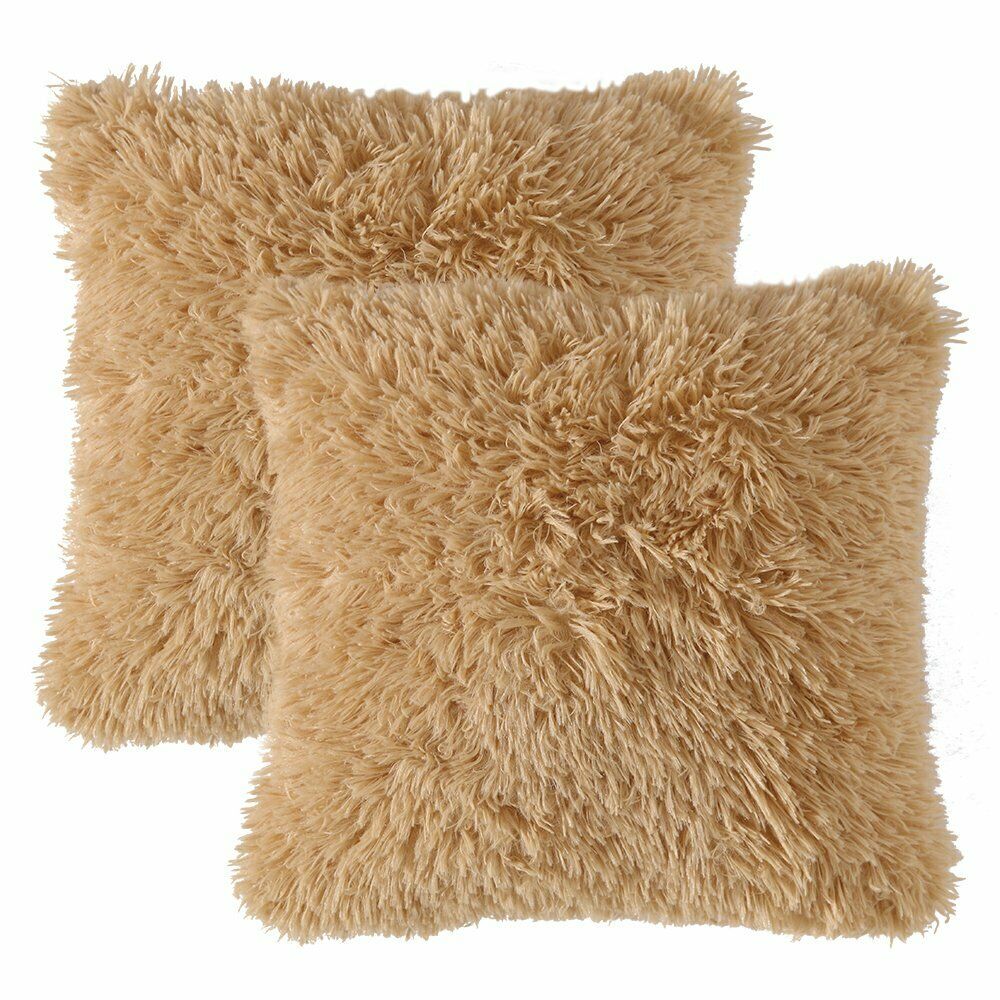 Pack of 2 Long Pile Soft Shaggy Faux Fur Cushion Covers Plain Fluffy Pillow Case