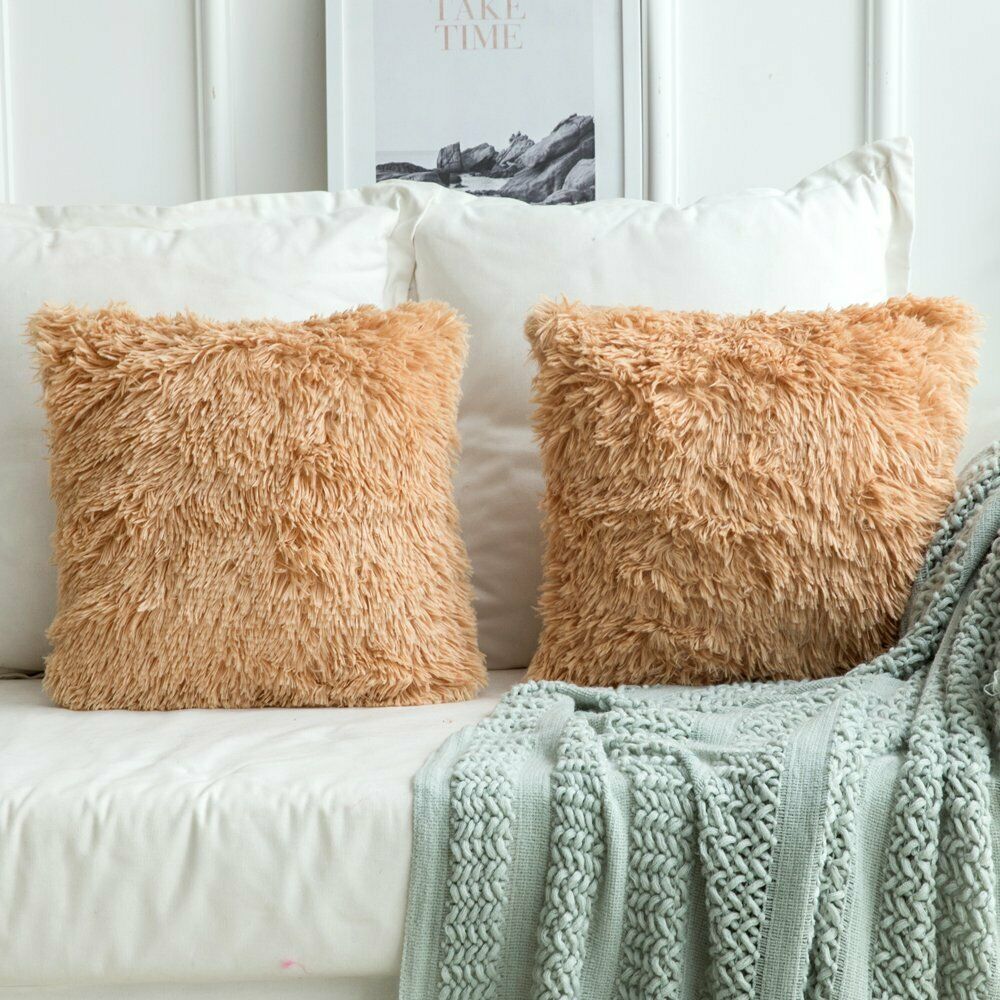 Pack of 2 Long Pile Soft Shaggy Faux Fur Cushion Covers Plain Fluffy Pillow Case