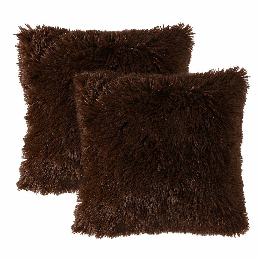 Pack of 2 Long Pile Soft Shaggy Faux Fur Cushion Covers Plain Fluffy Pillow Case