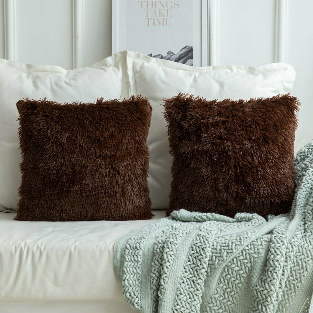 Pack of 2 Long Pile Soft Shaggy Faux Fur Cushion Covers Plain Fluffy Pillow Case