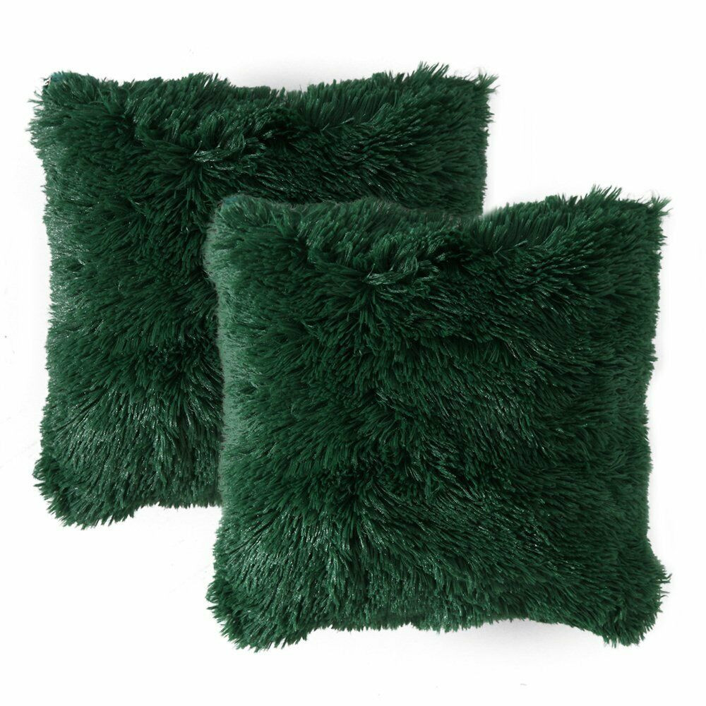 Pack of 2 Long Pile Soft Shaggy Faux Fur Cushion Covers Plain Fluffy Pillow Case