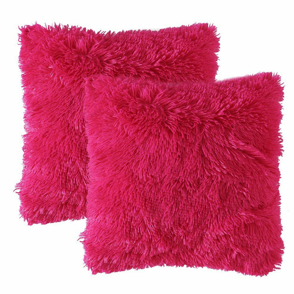 Pack of 2 Long Pile Soft Shaggy Faux Fur Cushion Covers Plain Fluffy Pillow Case