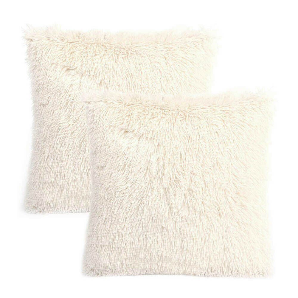 Pack of 2 Long Pile Soft Shaggy Faux Fur Cushion Covers Plain Fluffy Pillow Case