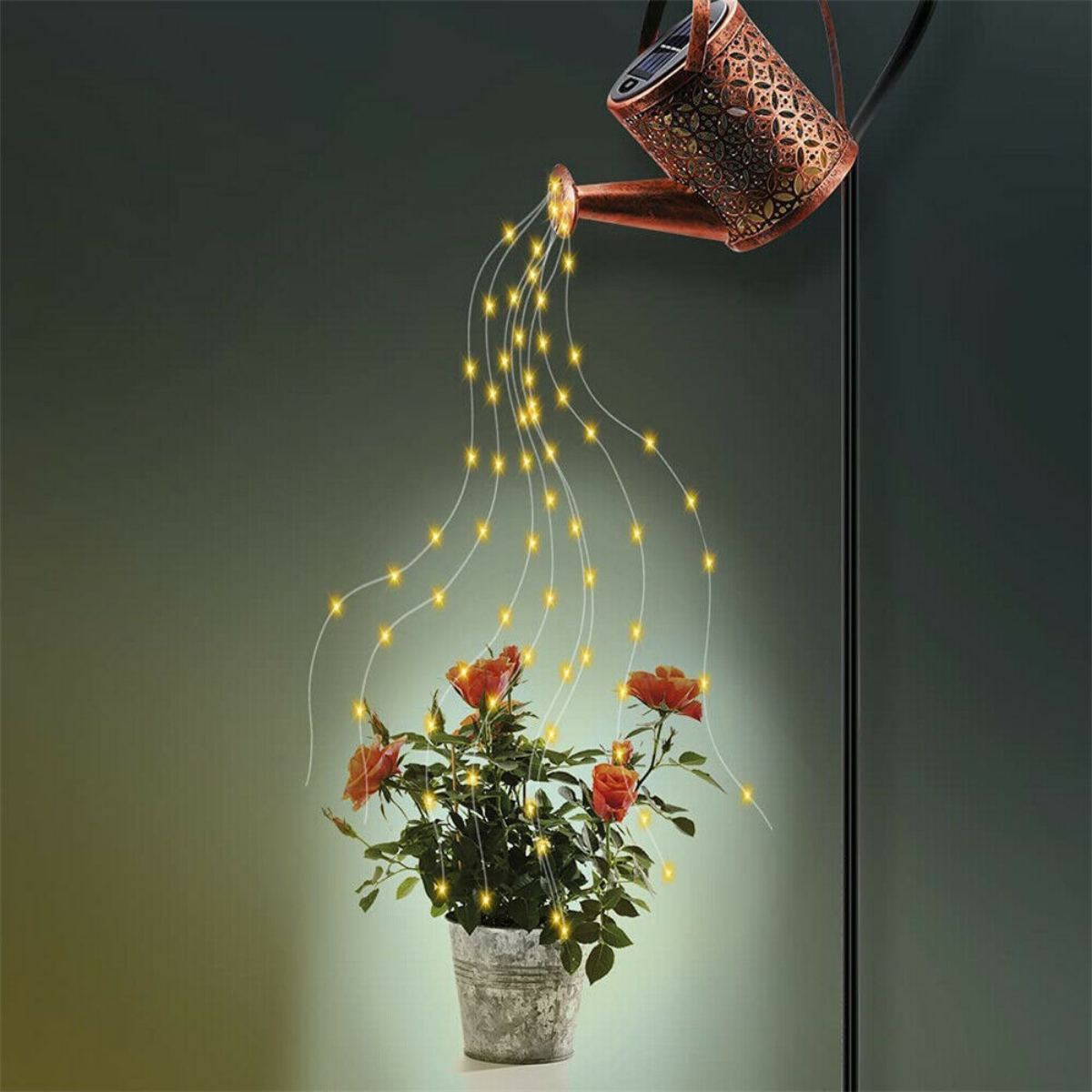 LED Solar Watering Can String Light Shower Outdoor Garden Art Tree Decor Lamp