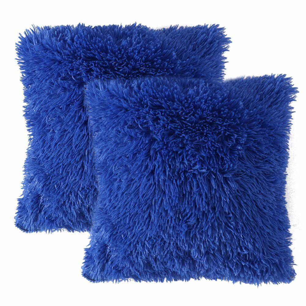 Pack of 2 Long Pile Soft Shaggy Faux Fur Cushion Covers Plain Fluffy Pillow Case