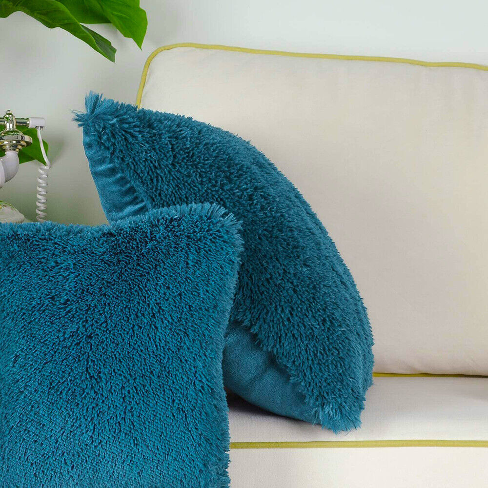 Pack of 2 Long Pile Soft Shaggy Faux Fur Cushion Covers Plain Fluffy Pillow Case