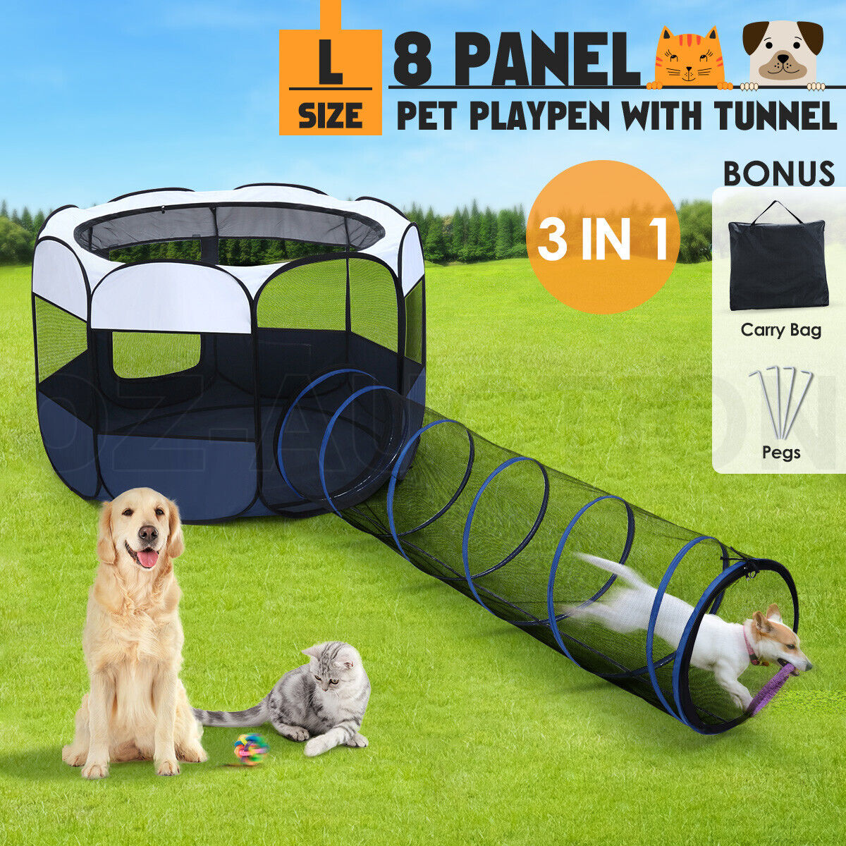 144cm Pet Playpen Tent 8 Panels Portable Puppy Dog Cat Kennel Crate Cage Tunnel