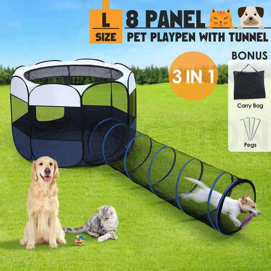 144cm Pet Playpen Tent 8 Panels Portable Puppy Dog Cat Kennel Crate Cage Tunnel