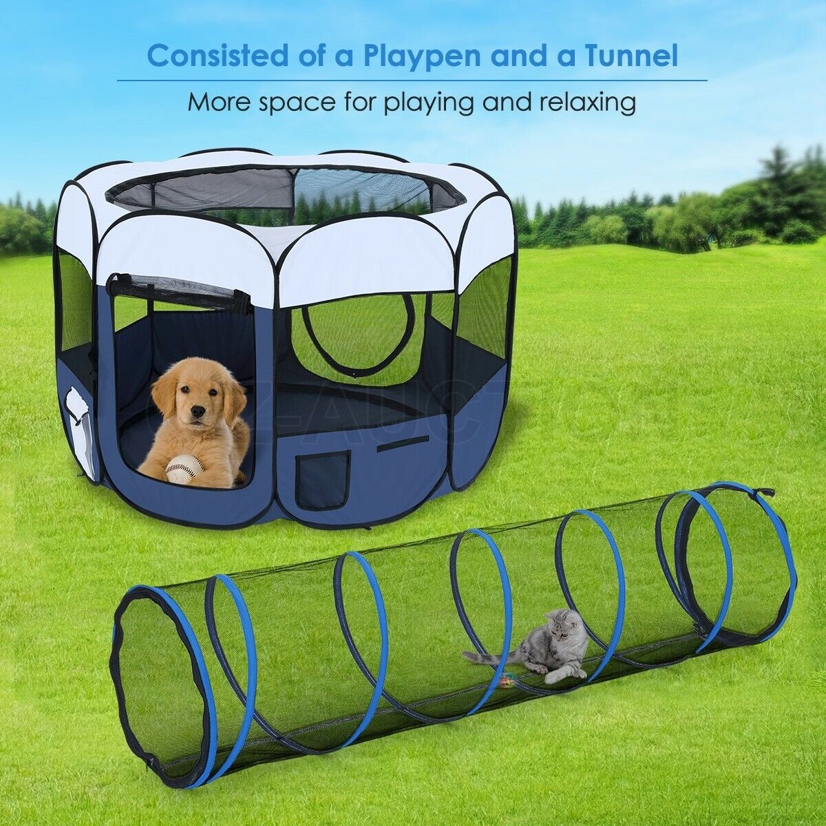 144cm Pet Playpen Tent 8 Panels Portable Puppy Dog Cat Kennel Crate Cage Tunnel