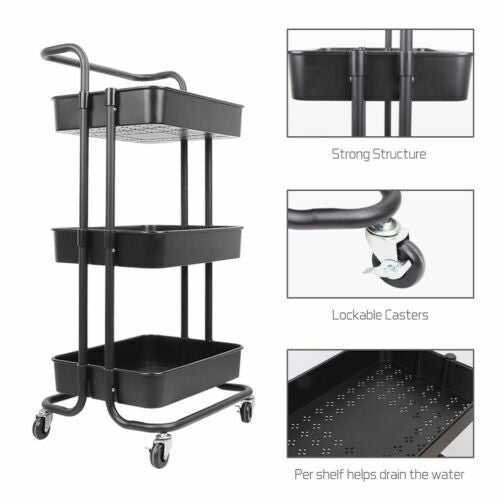 Heavy Duty Storage Trolley Cart 3Tier Metal Rolling Utility Organizer Rack Salon