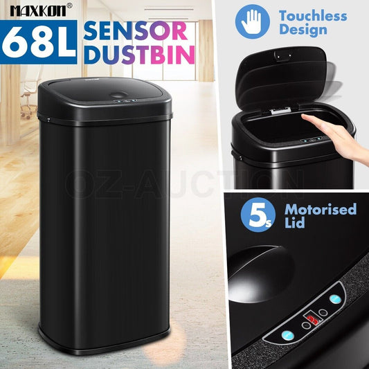 68L Motion Sensor Bin Automatic Stainless Steel Kitchen Rubbish Trash - Black