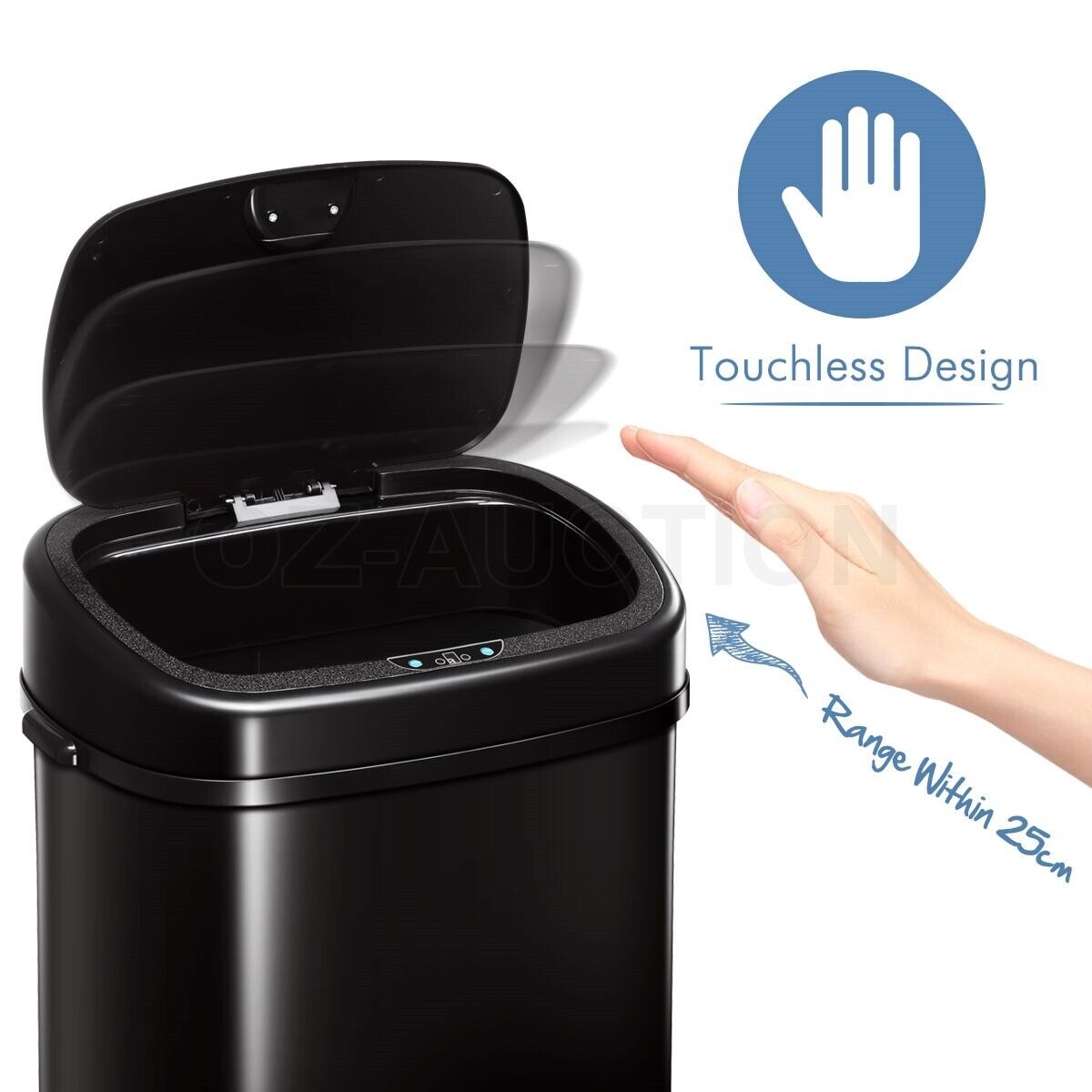 68L Motion Sensor Bin Automatic Stainless Steel Kitchen Rubbish Trash - Black