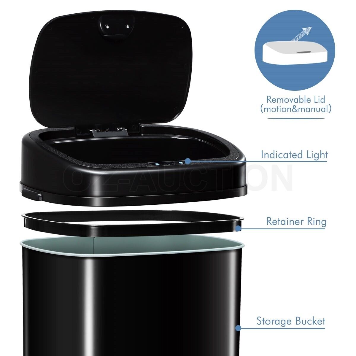 68L Motion Sensor Bin Automatic Stainless Steel Kitchen Rubbish Trash - Black