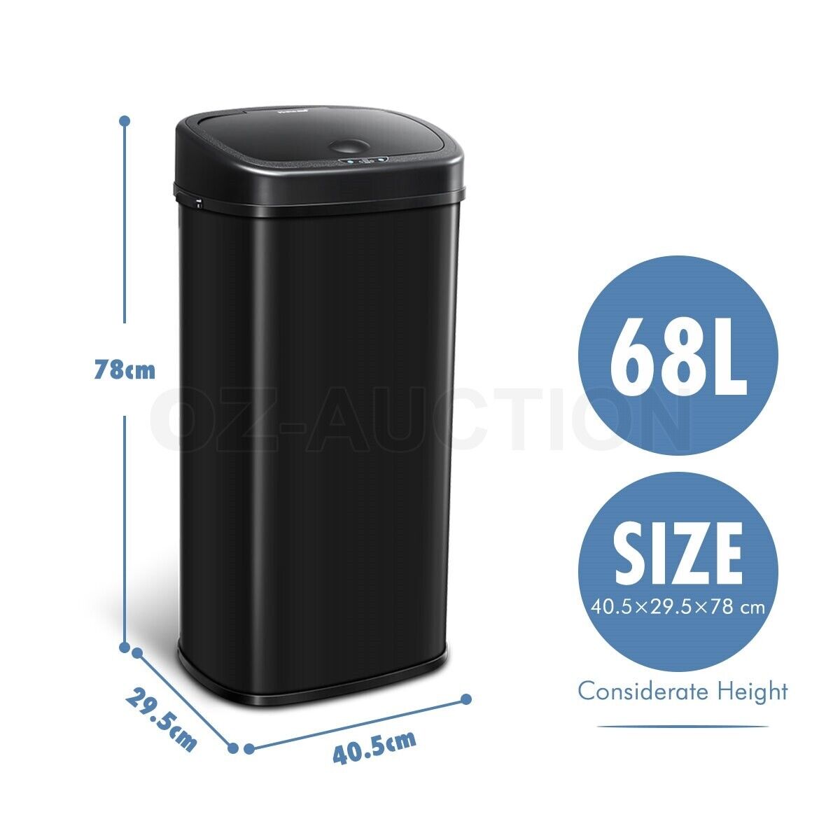 68L Motion Sensor Bin Automatic Stainless Steel Kitchen Rubbish Trash - Black