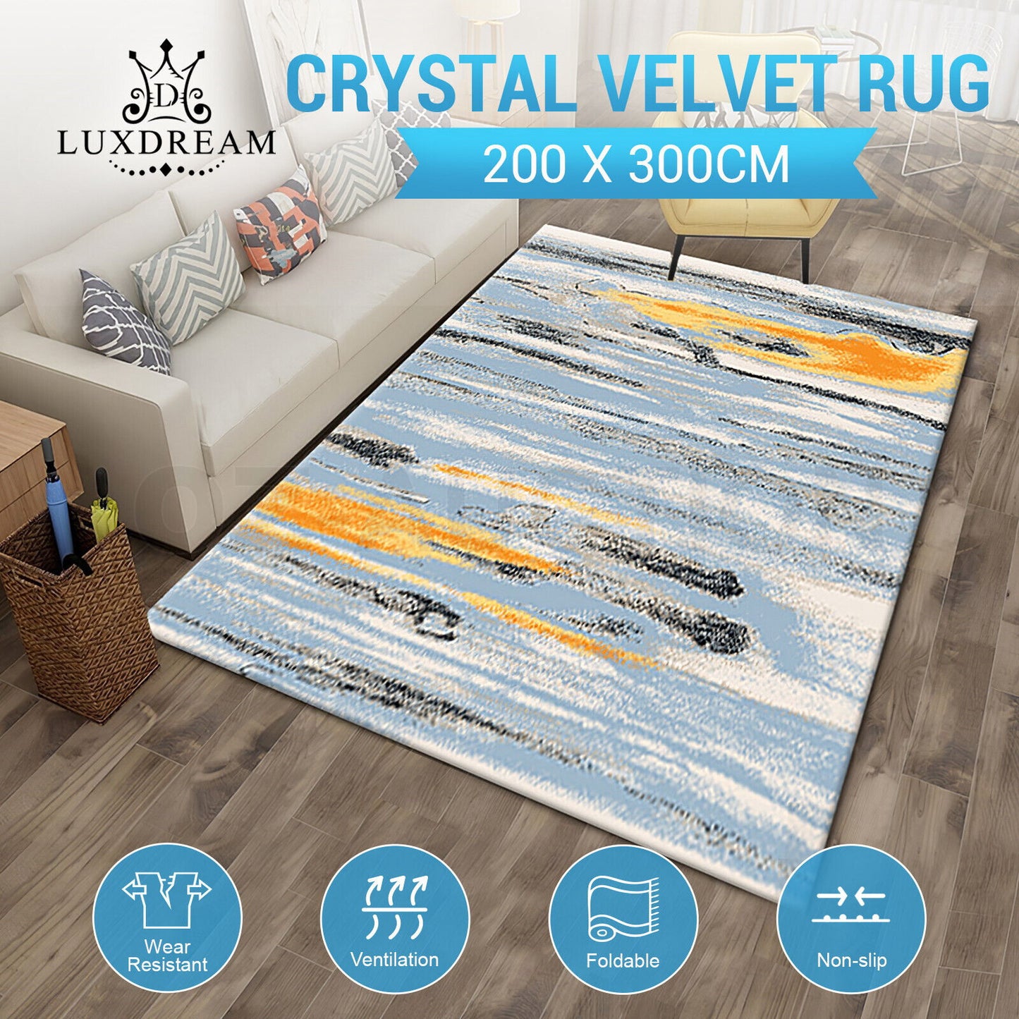 Large Floor Rug Mat Carpet Non Slip Soft Crystal Velvet Area Rugs 200x300CM