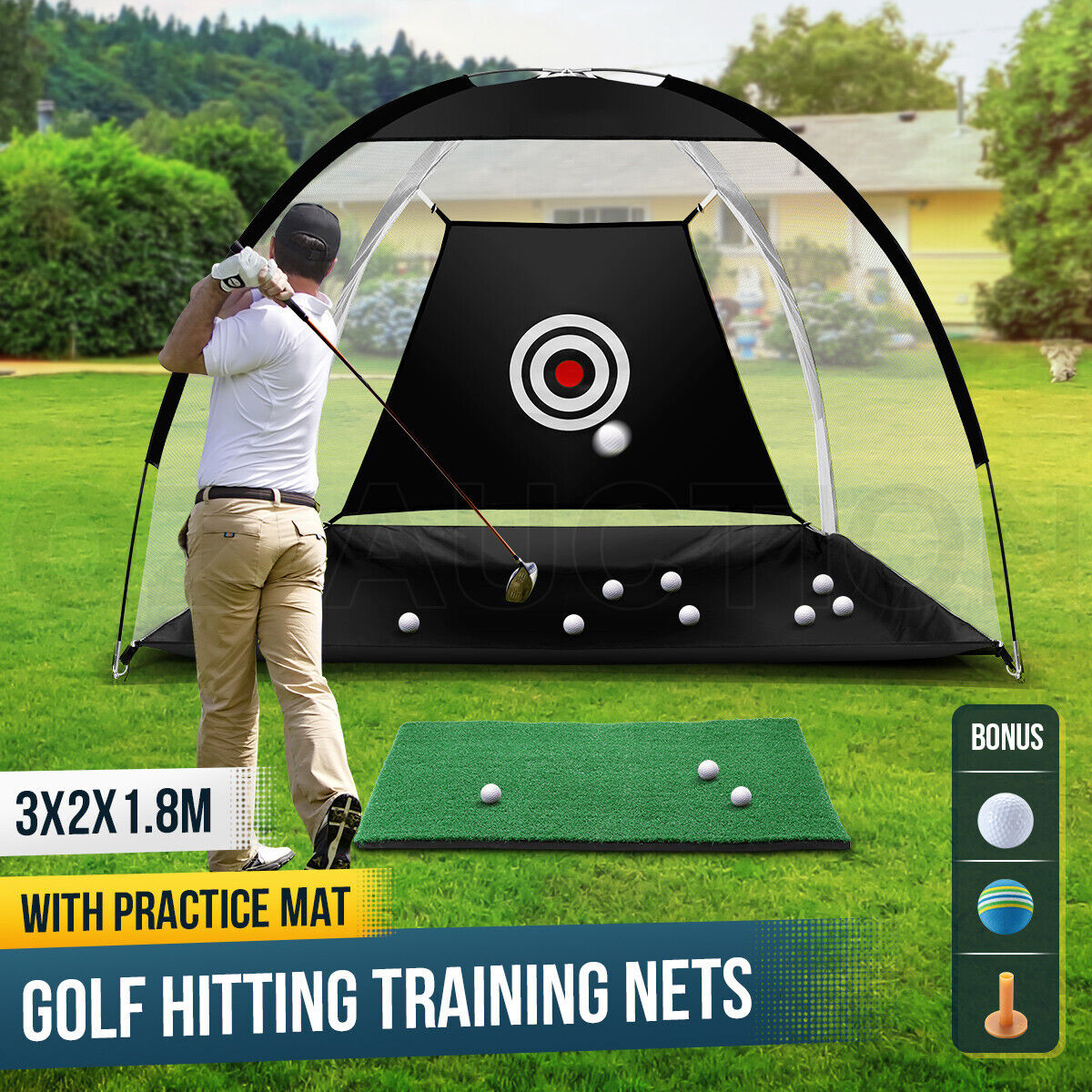 Golf Practice Net and Hitting Mat Set Home Chipping Cage Driving Training Aids